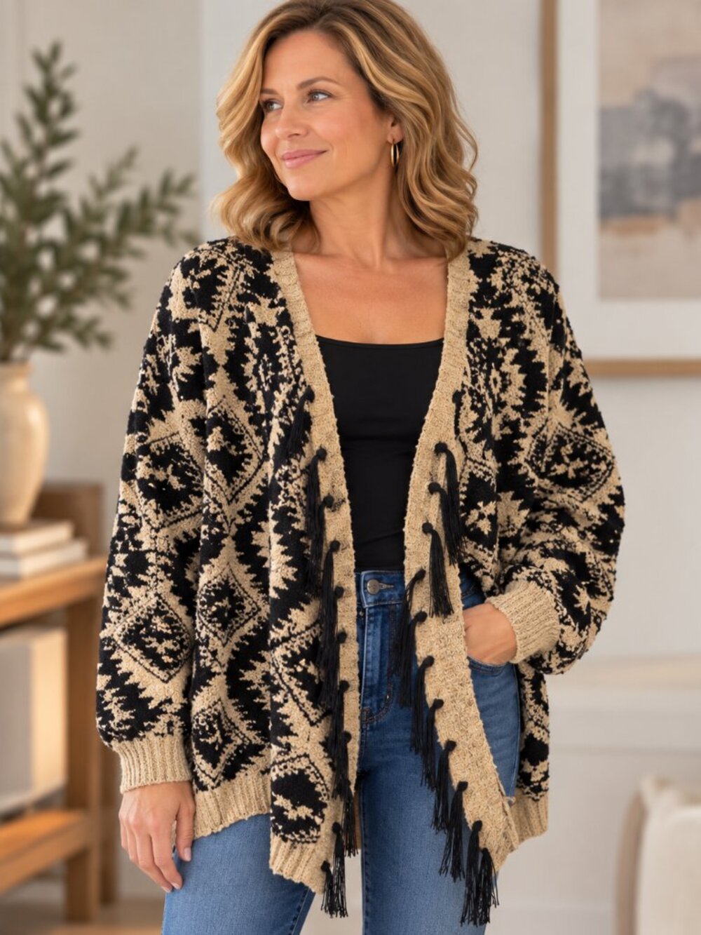 Cato Women’s L Black Beige Geometric Open Front Fringe Tassel Cardigan Sweater